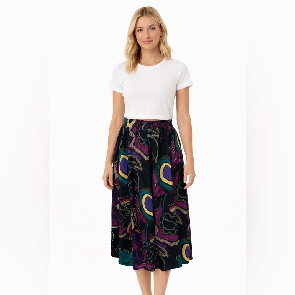 Vintage 80s Abstract Print Midi Skirt Large | Colorful Retro Elastic waist Skirt